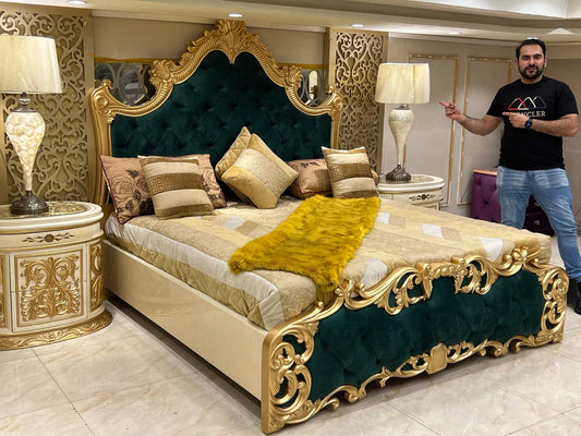 Luxury Gold and Green Upholstered King Bed