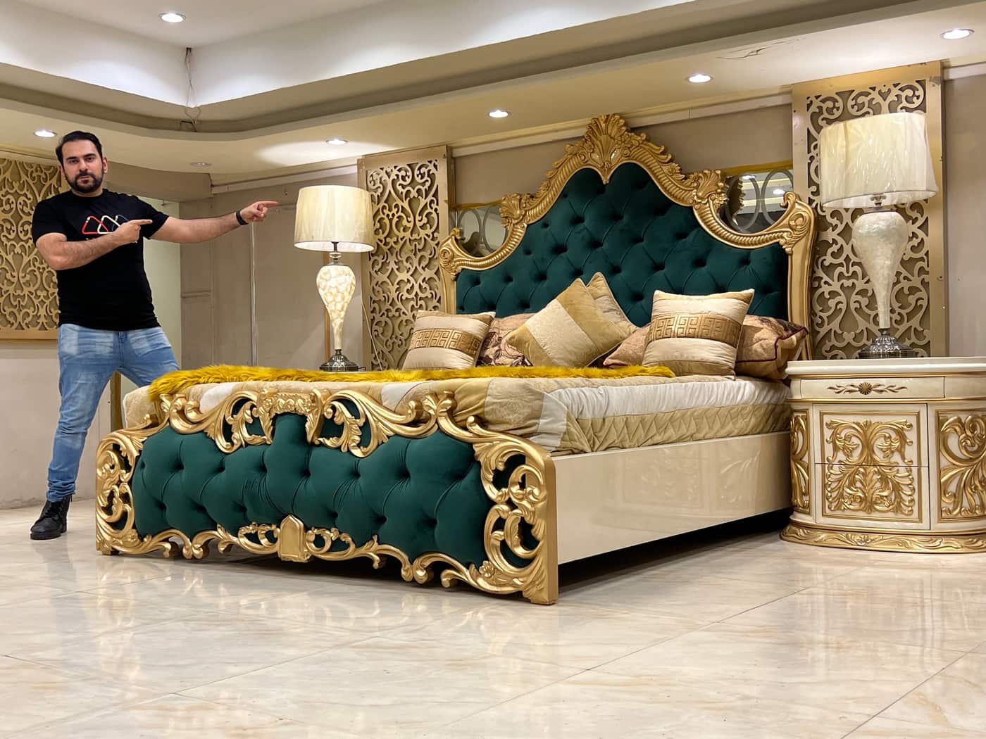 Luxury Gold and Green Upholstered King Bed