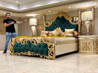 Luxury Gold and Green Upholstered King Bed