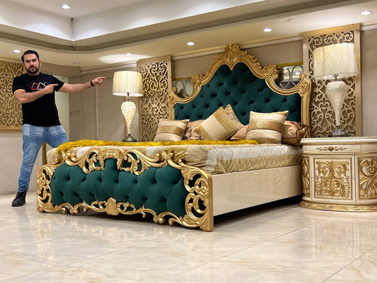 Luxury Gold and Green Upholstered King Bed