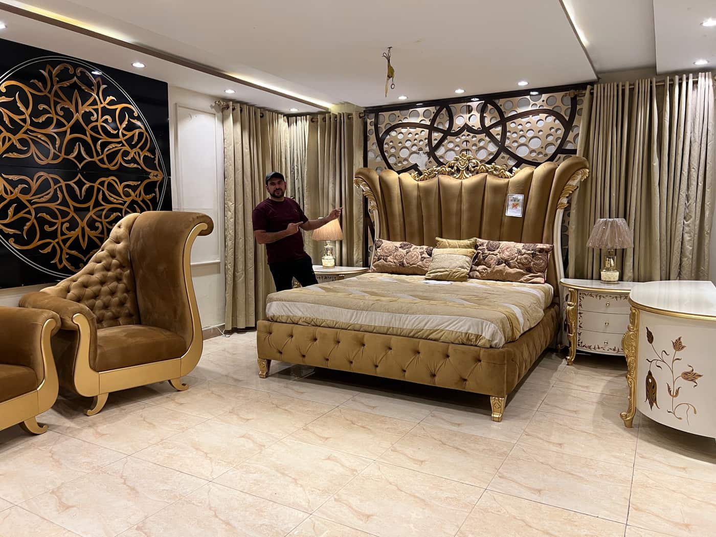 Luxurious Beige Velvet Upholstered Bed Set with Decorative Chairs