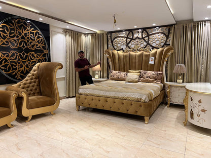 Luxurious Beige Velvet Upholstered Bed Set with Decorative Chairs