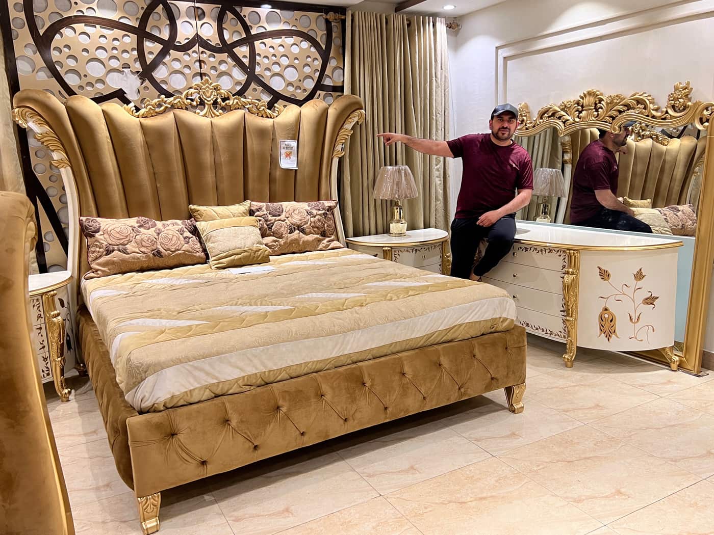 Luxurious Beige Velvet Upholstered Bed Set with Decorative Chairs