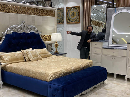 Elegant Blue Velvet King Size Bed with Mirrored Dresser
