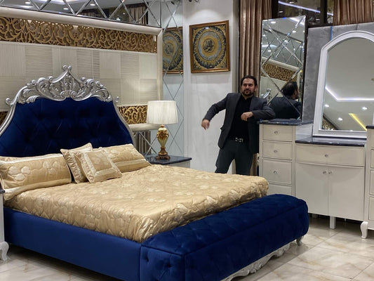 Elegant Blue Velvet King Size Bed with Mirrored Dresser