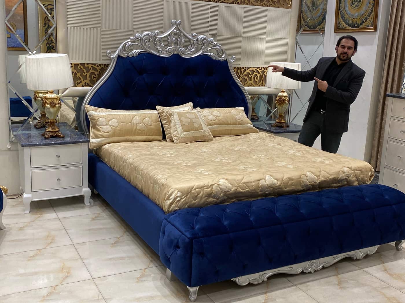 Elegant Blue Velvet King Size Bed with Mirrored Dresser