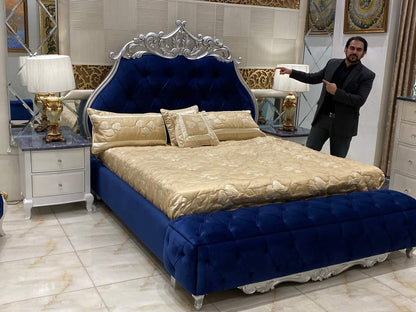 Elegant Blue Velvet King Size Bed with Mirrored Dresser