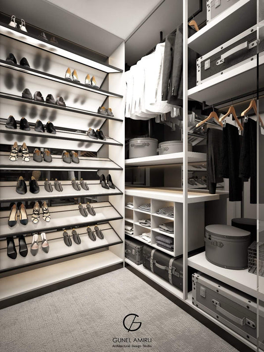 Modern Open Closet with Shelving and Shoe Racks