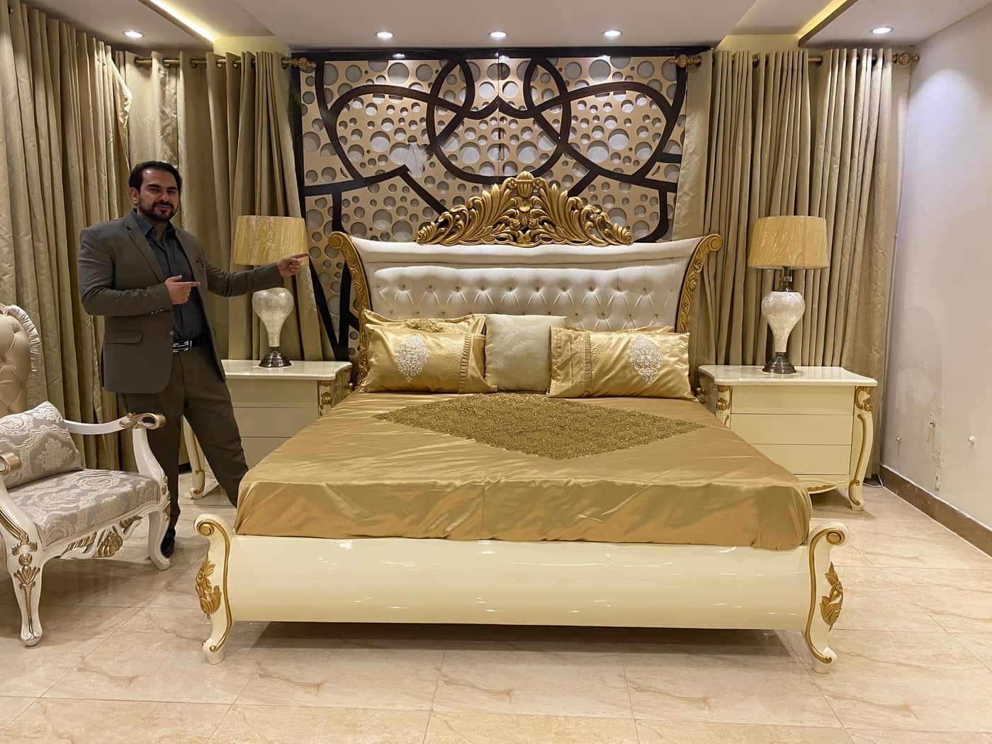 Luxury Golden Bed Set with Elegant Nightstands