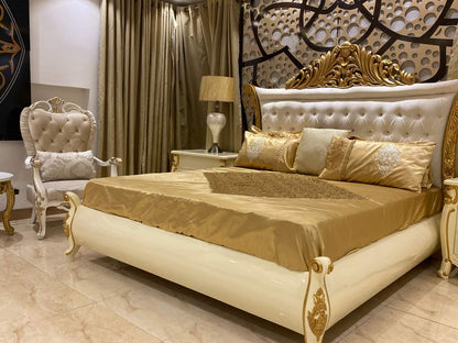 Luxury Golden Bed Set with Elegant Nightstands