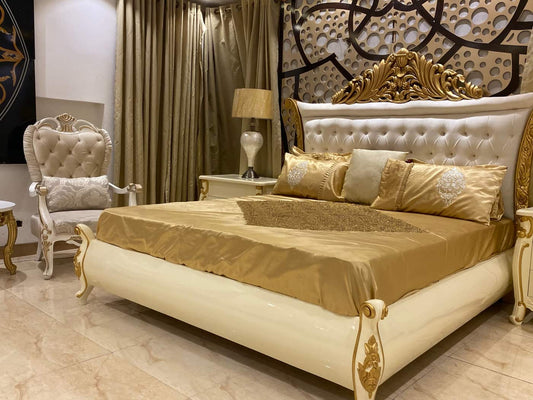 Luxury Golden Bed Set with Elegant Nightstands