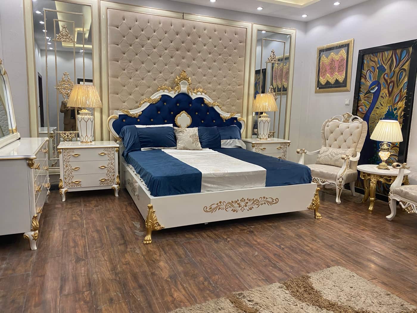 Elegant Royal Bedroom Set with Blue and Gold Accents