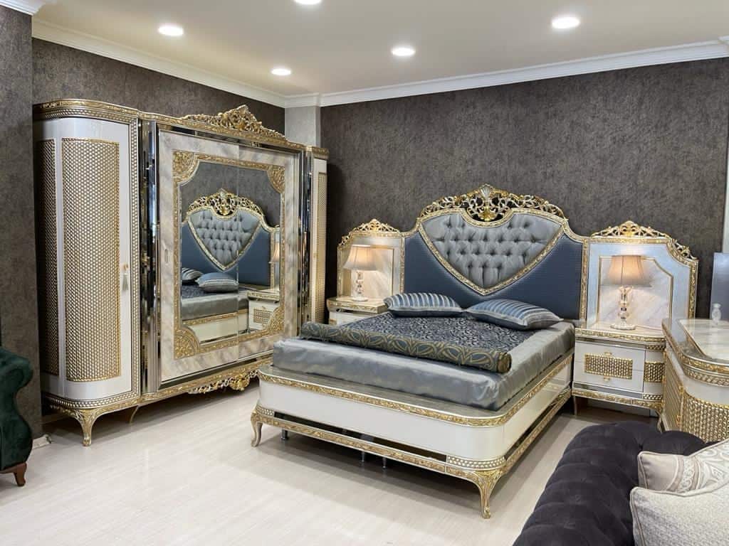 Luxurious Upholstered Bedroom Set with Golden Accents
