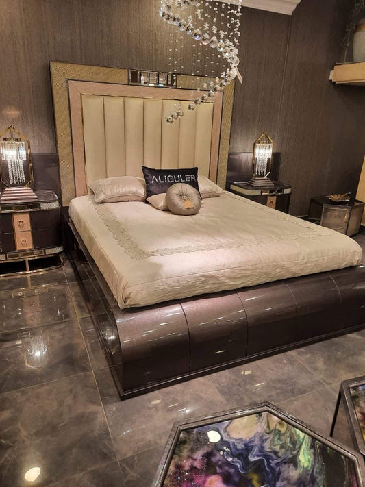 Luxury Upholstered Bed with Glossy Finish