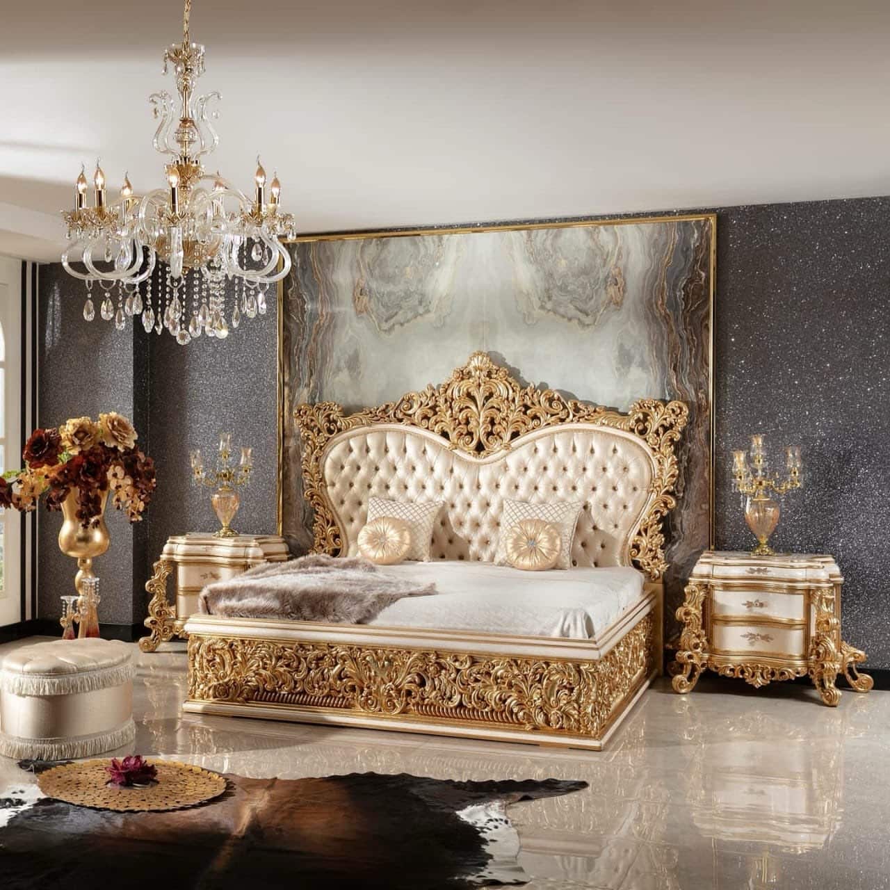 Luxurious Ornate Gold Upholstered Bed Set