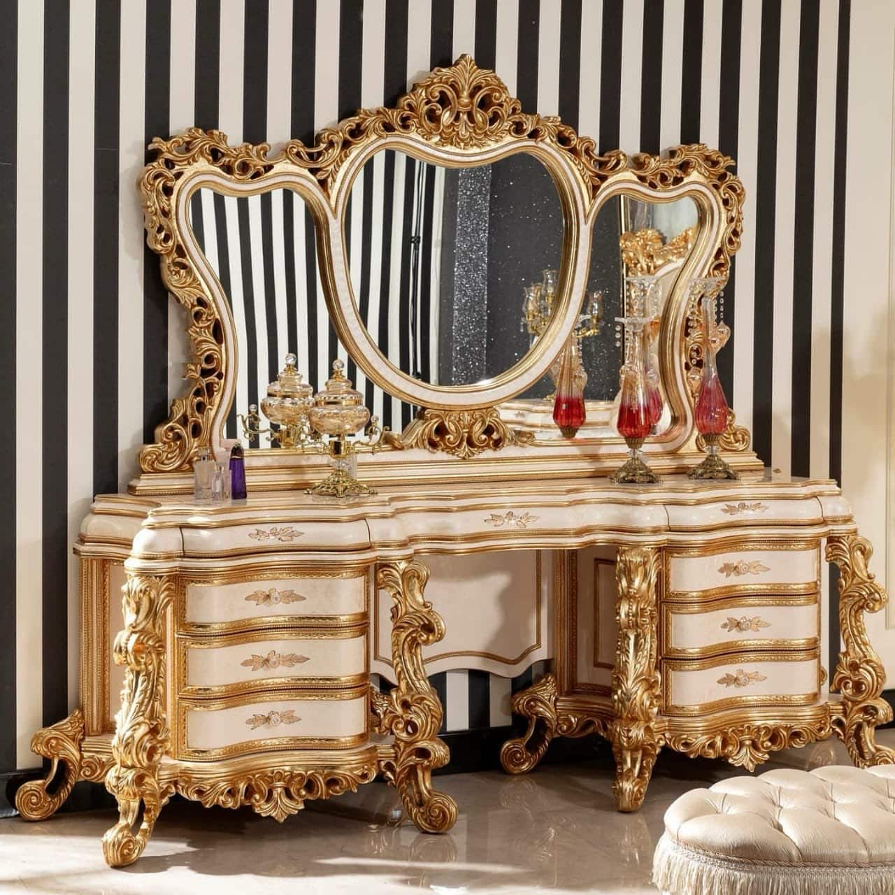 Luxurious Ornate Gold Upholstered Bed Set