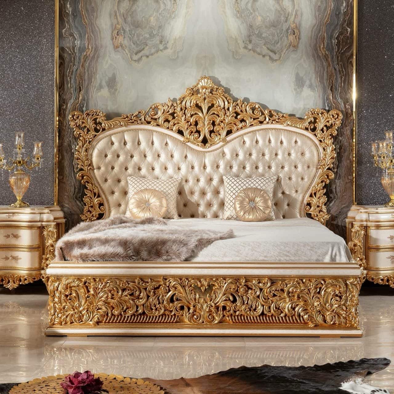 Luxurious Ornate Gold Upholstered Bed Set
