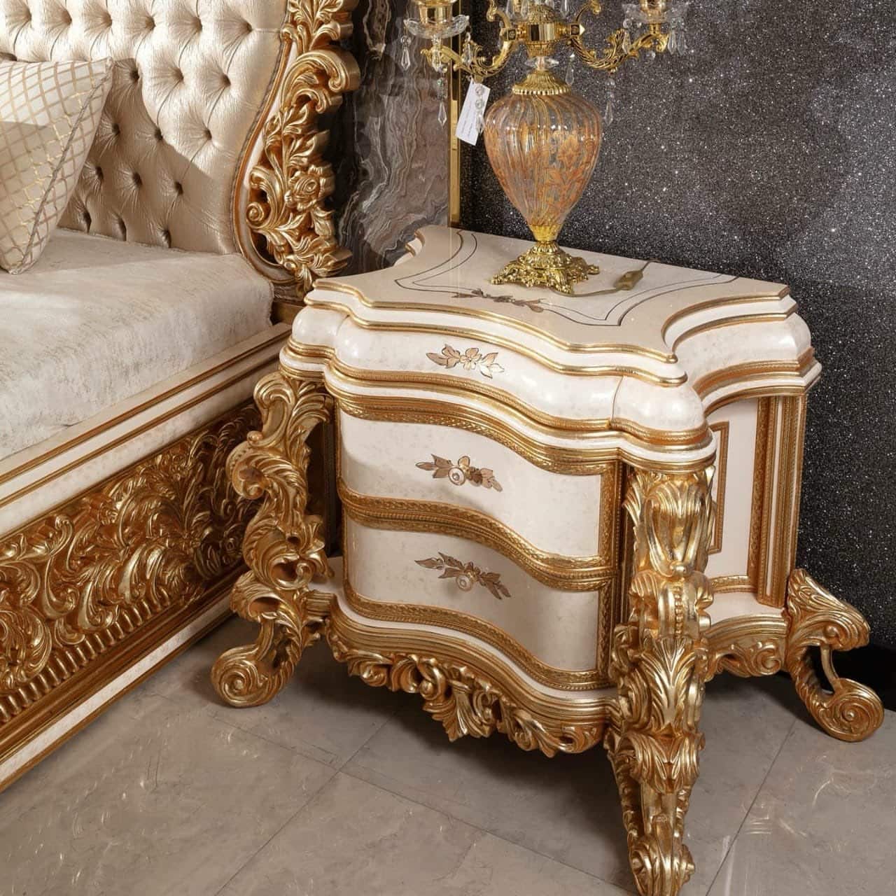 Luxurious Ornate Gold Upholstered Bed Set