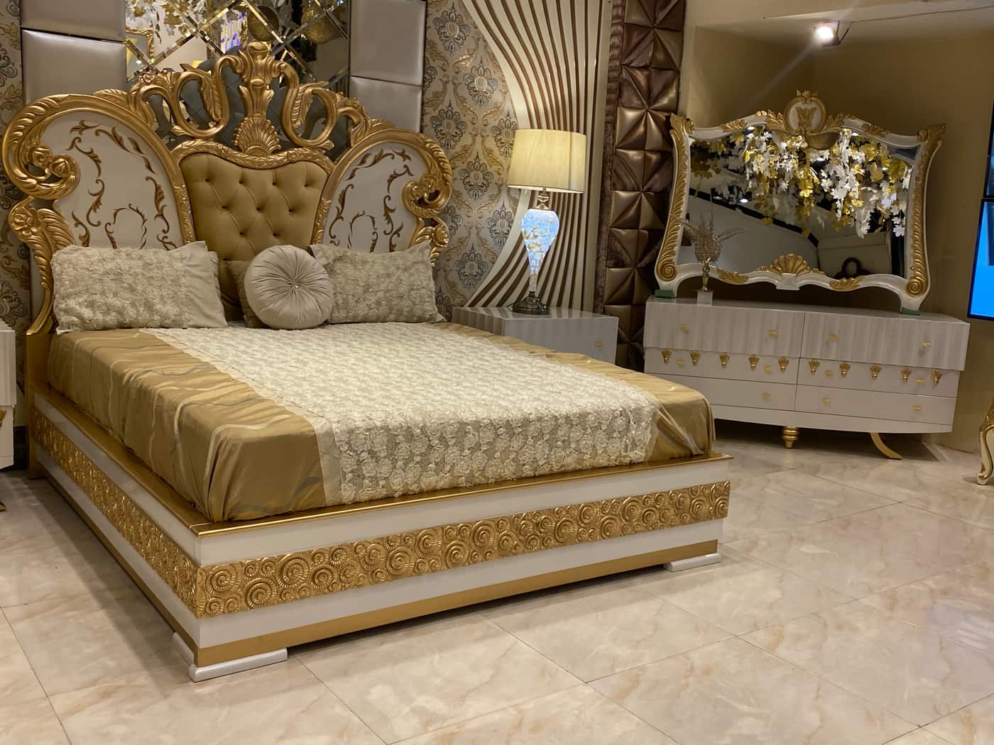 Luxurious Gold and Cream Upholstered King Size Bed Set