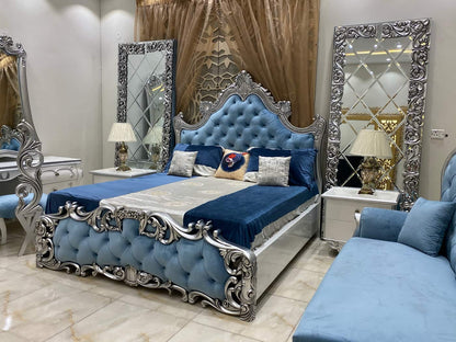 Luxurious Blue Velvet Upholstered King Bed Set