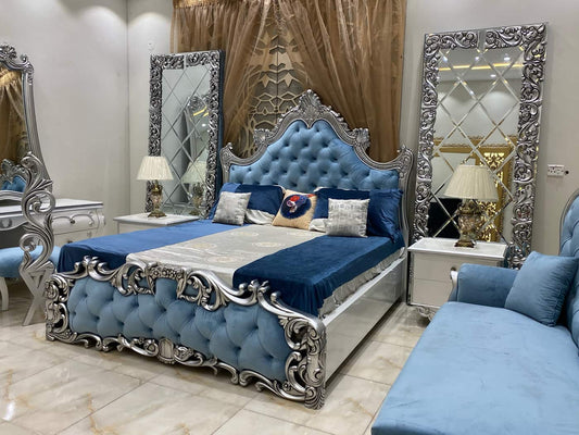 Luxurious Blue Velvet Upholstered King Bed Set