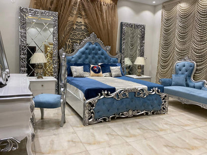 Luxurious Blue Velvet Upholstered King Bed Set