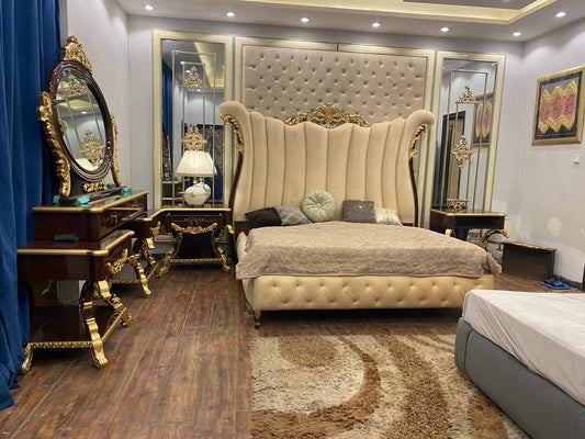 Luxurious King-Size Upholstered Bed Set with Ornate Mirror and Nightstands