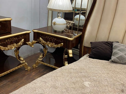 Luxurious King-Size Upholstered Bed Set with Ornate Mirror and Nightstands