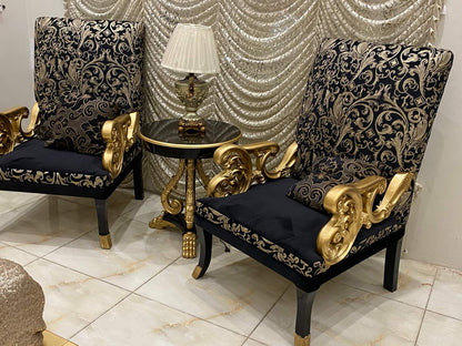 Luxurious King-Size Upholstered Bed Set with Ornate Mirror and Nightstands