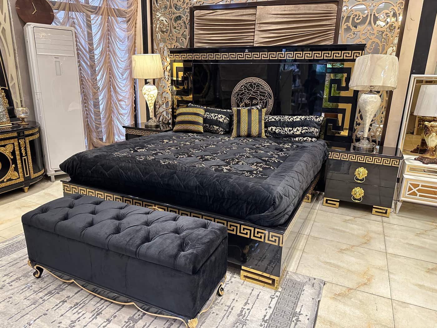 Luxury Black Velvet Bed Set with Ottoman