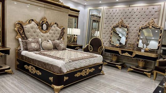 Luxury Ornate Bedroom Set with Golden Accents