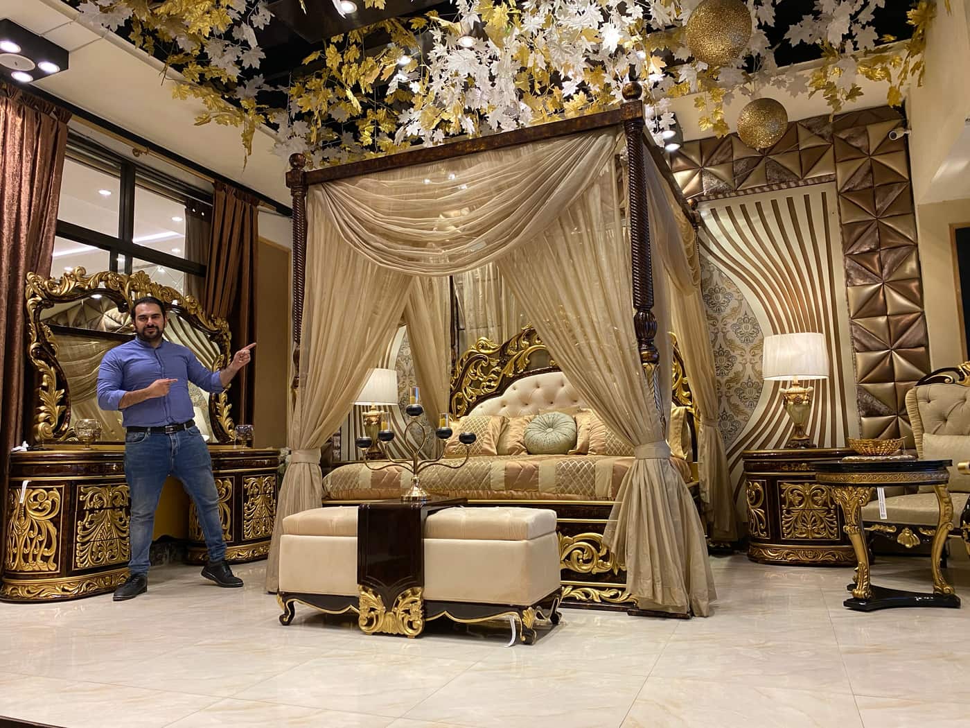 Luxurious Golden Canopy Bed Set