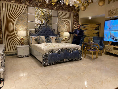 Luxurious Blue Velvet Bed with Extravagant Accents