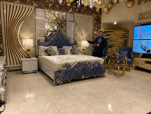 Luxurious Blue Velvet Bed with Extravagant Accents