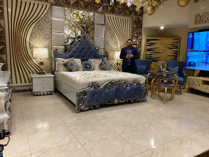 Luxurious Blue Velvet Bed with Extravagant Accents