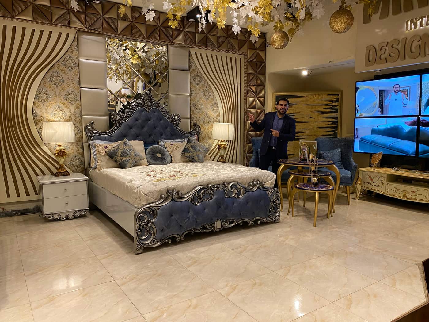 Luxurious Blue Velvet Bed with Extravagant Accents