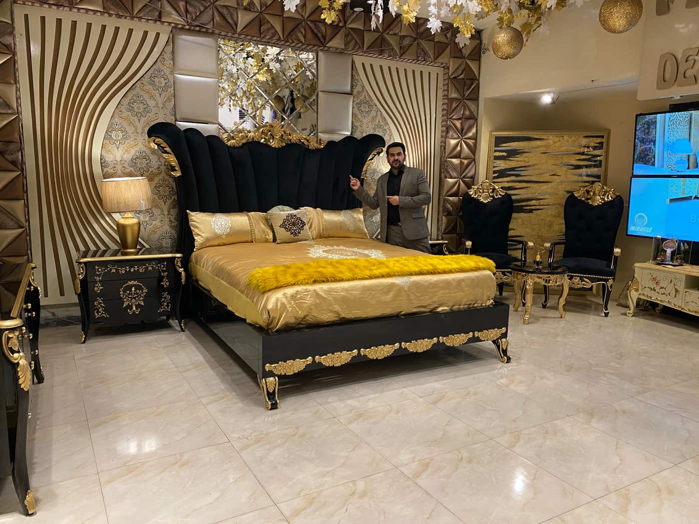 Avlion Black and Gold Upholstered Bed Set