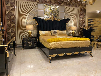 Avlion Black and Gold Upholstered Bed Set