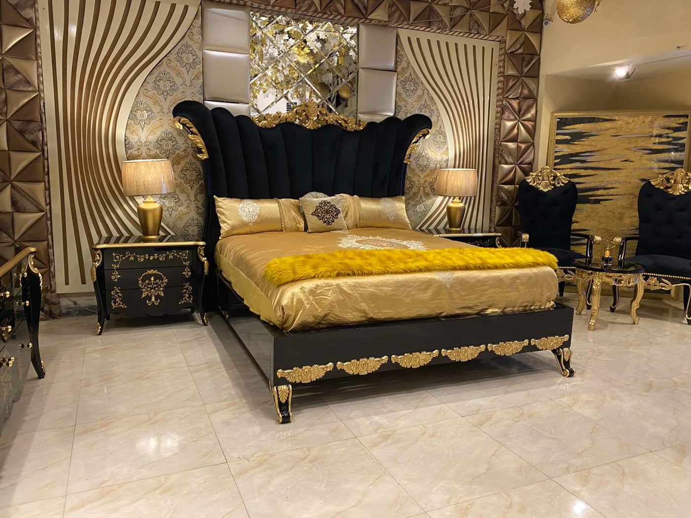 Avlion Black and Gold Upholstered Bed Set