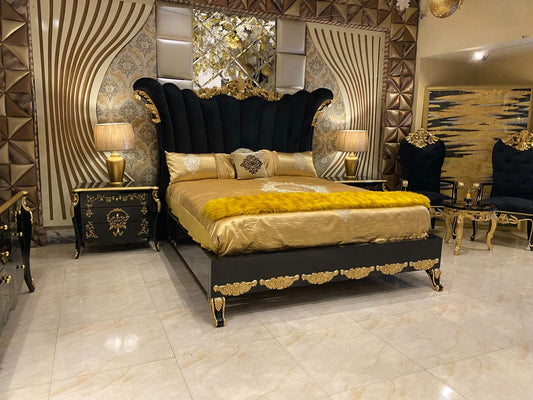Avlion Black and Gold Upholstered Bed Set