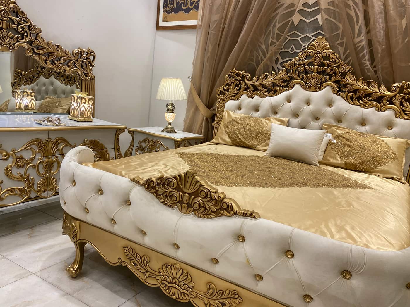 Luxurious Gold and Cream Upholstered Bed Set