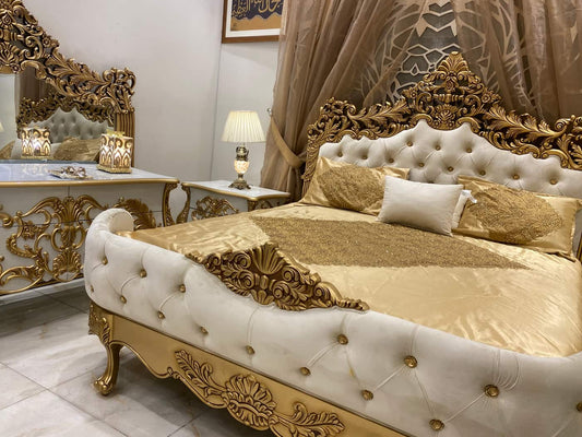 Luxurious Gold and Cream Upholstered Bed Set