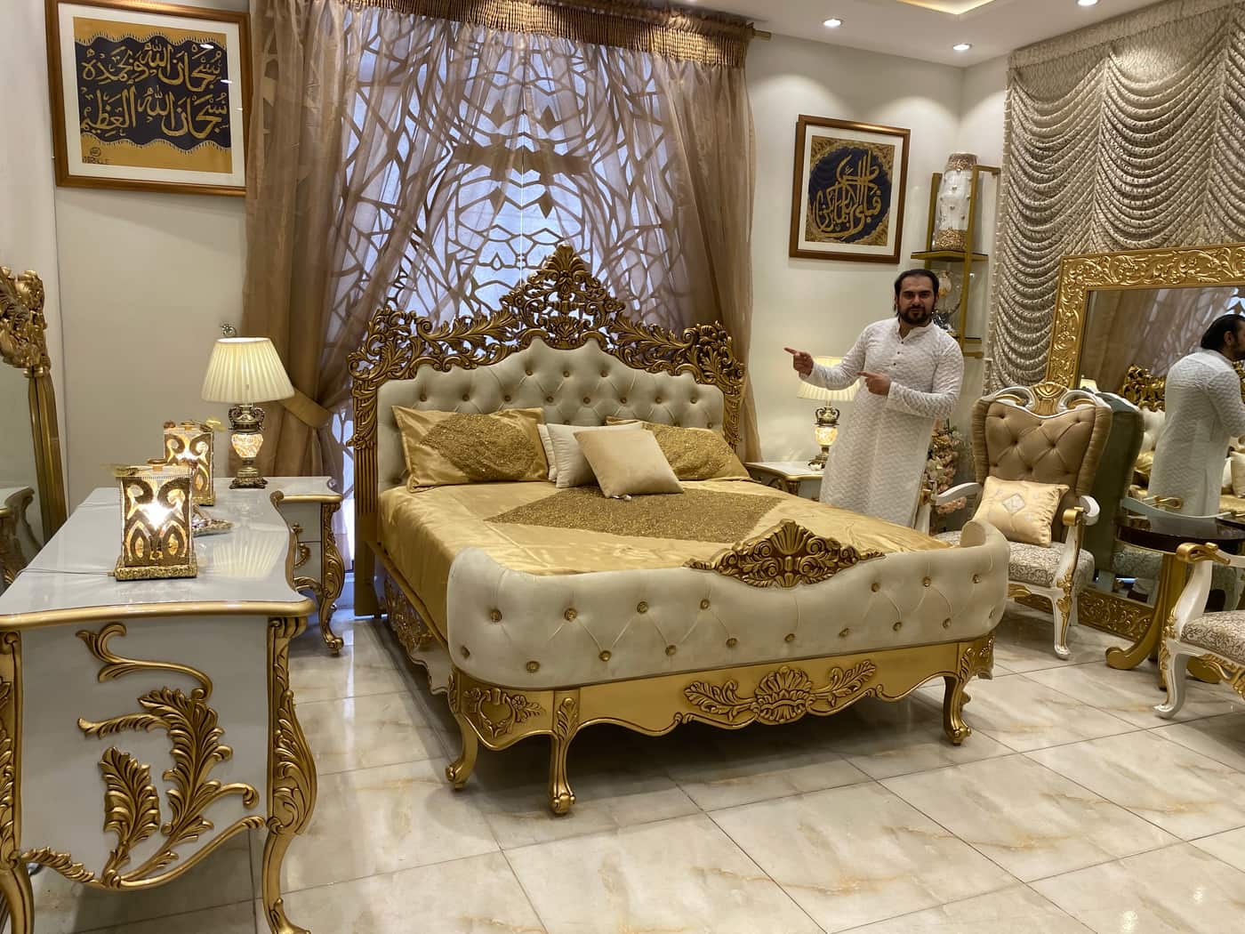 Luxurious Gold and Cream Upholstered Bed Set