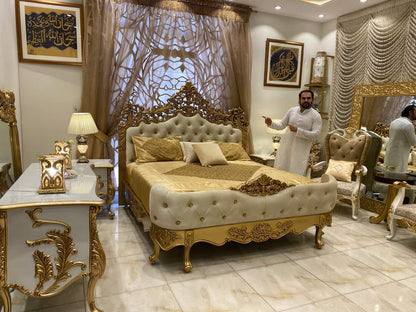 Luxurious Gold and Cream Upholstered Bed Set