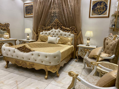 Luxurious Gold and Cream Upholstered Bed Set