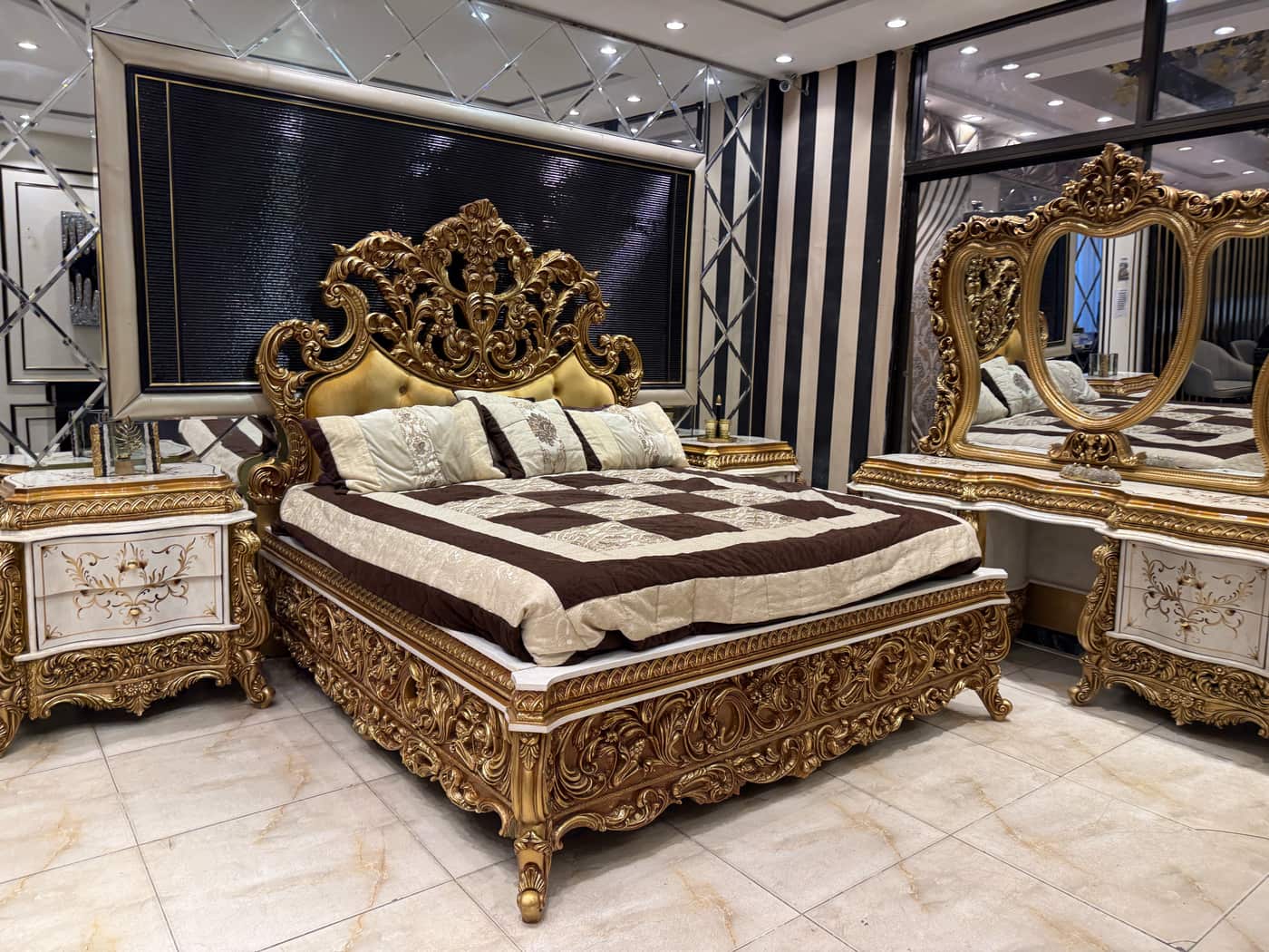 Regal Gold Leaf Bedroom Set with Ornate Detailing