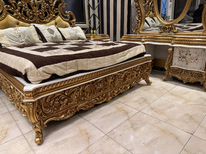Regal Gold Leaf Bedroom Set with Ornate Detailing