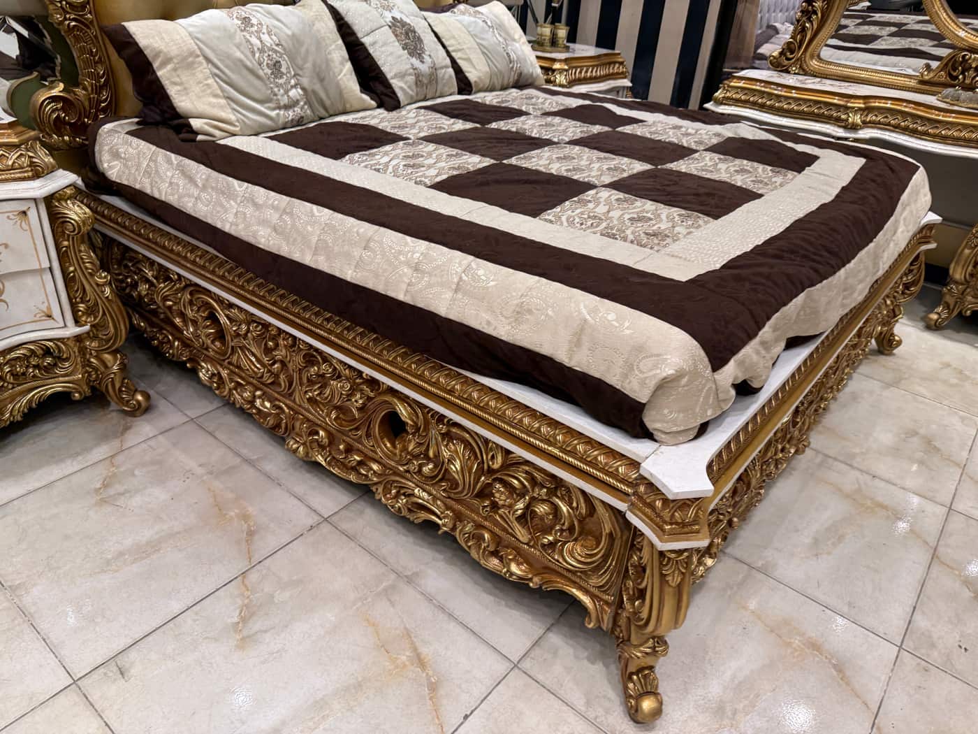 Regal Gold Leaf Bedroom Set with Ornate Detailing