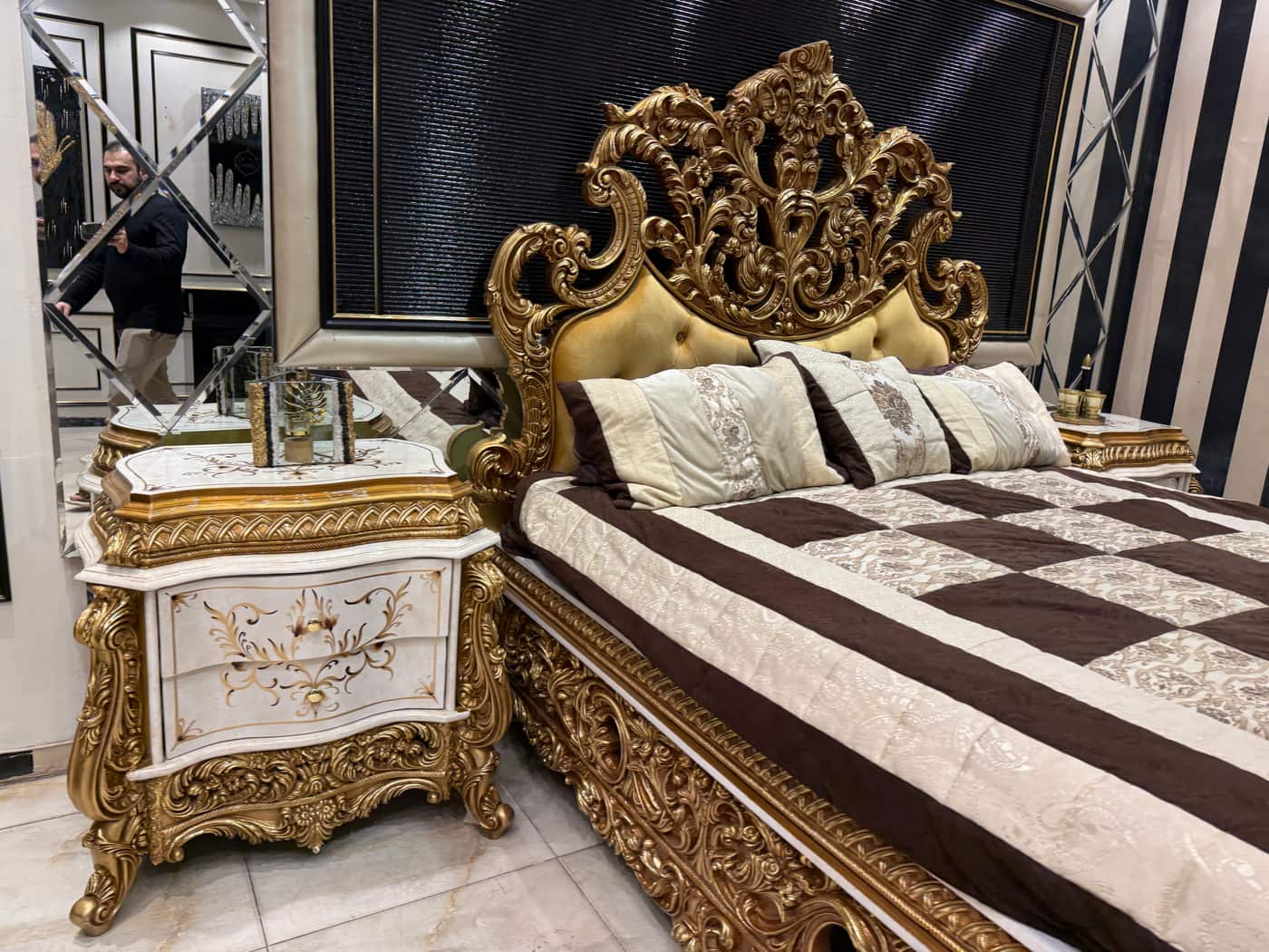 Regal Gold Leaf Bedroom Set with Ornate Detailing