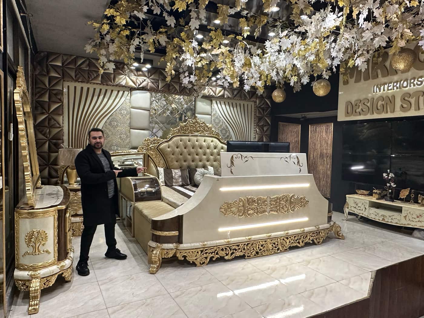 Classical Gold-Accented smart Tv Bed Set
